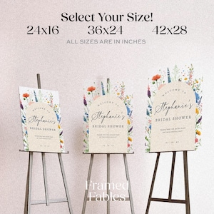 Puede incluir: Tres letreros de bienvenida para despedida de soltera en caballetes con bordes florales y centros arqueados. El texto dice: Select Your Size! 24x16, 36x24, 42x28. All sizes are in inches. Cada letrero muestra el nombre Stephanie's, Bridal Shower y una fecha.