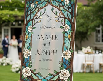Floral Stained Glass Wedding Sign, Blue Wedding Welcome Signs, Custom Cream Roses Wedding Decorations