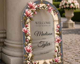 Custom Floral Wedding Sign, Pink Magnolia Wedding Welcome Sign, Clear Acrylic Wedding Entrance Sign