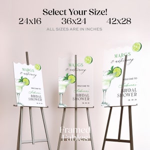 May include: A set of three printable bridal shower signs with a margarita theme. The signs feature a watercolor illustration of a margarita glass with a lime wedge and a straw. The text on the signs reads "MARGS & matrimony" and "Welcome to [Name]'s Bridal Shower". The signs are available in three sizes: 24x16 inches, 36x24 inches, and 42x28 inches.