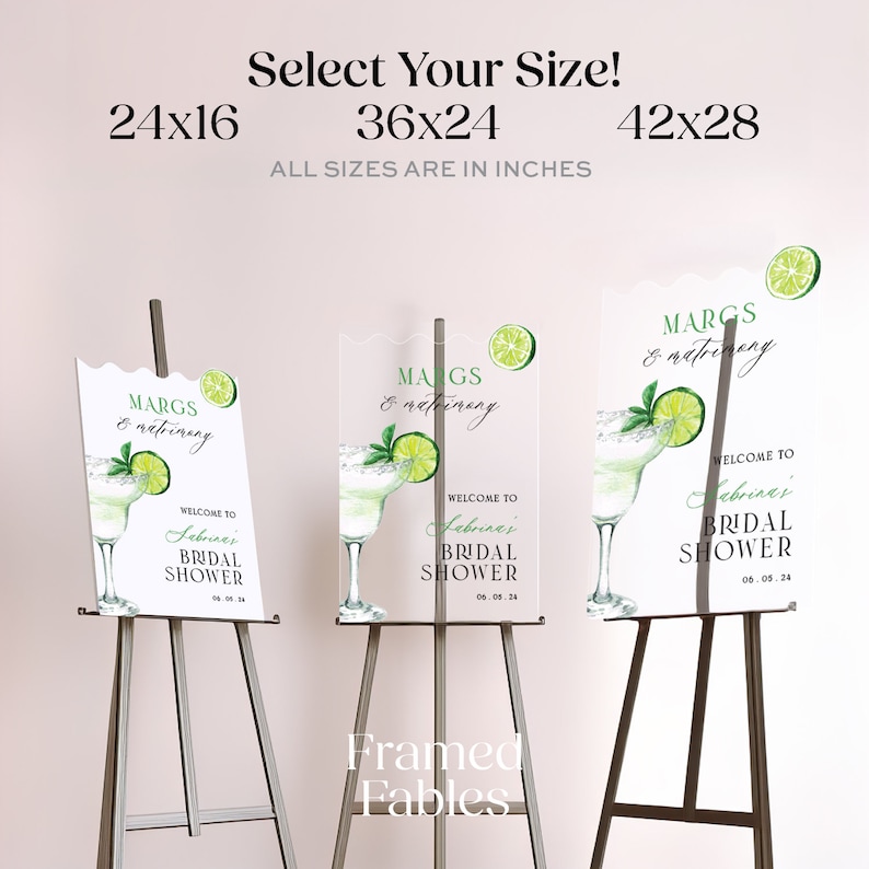 May include: A set of three printable bridal shower signs with a margarita theme. The signs feature a watercolor illustration of a margarita glass with a lime wedge and a straw. The text on the signs reads "MARGS & matrimony" and "Welcome to [Name]'s Bridal Shower". The signs are available in three sizes: 24x16 inches, 36x24 inches, and 42x28 inches.