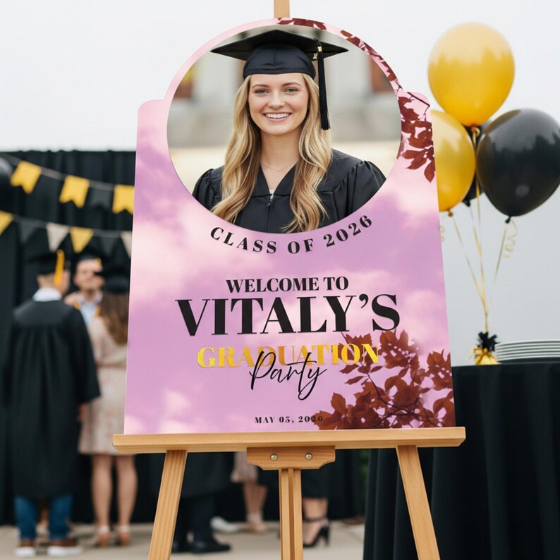 Printed Photo Graduation Sign, Graduation Party Sign, Custom Graduation Picture Sign, Acrylic Graduation Party Favors Pink Acrylic Mirror