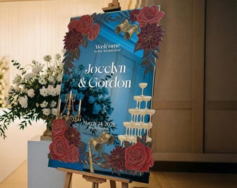 Custom Mirror Wedding Sign, Red Roses Wedding Welcome Sign, Floral Wedding Entrance Sign, Wedding Day Decorations
