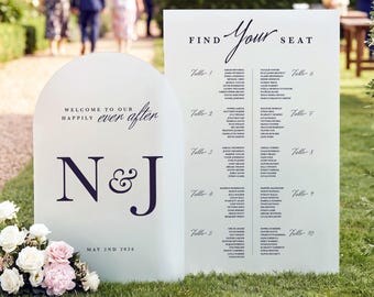 Wedding Signs and Seating Chart Set, Arched  Minimalist Wedding Reception Sign Bundle in Mirror, Frosted or Acrylic, Custom Welcome Signage
