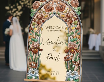 Welcome To Wedding Mirror Sign, Roses Wedding Sign, Stained Glass Wedding Sign, Printed Wedding Signs