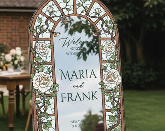 Cream Roses Wedding Welcome Sign,  Floral Stained Glass Wedding Sign, Mirror Welcome To The Wedding Of Signs, Printed Wedding Signage