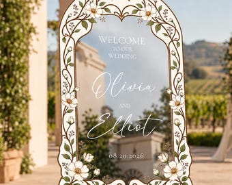 Silver Mirror Wedding Welcome Sign, White Floral Stained Glass Wedding Welcome Sign, Printed Mirror Acrylic Wedding Entrance Sign