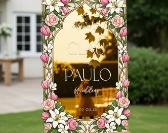 Pink Floral Mirror Wedding Sign, Pink Flowers Stained Glass Wedding Welcome Sign, Printed Mirror Acrylic Wedding Entrance Sign