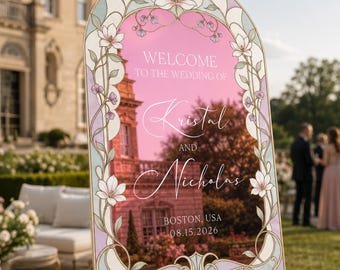 Pink Wedding Welcome Sign, Stained Glass Wedding Welcome Sign, Custom Printed Floral Wedding Entrance Sign