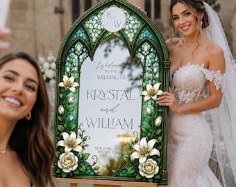 Emerald Green Mirror Wedding Sign, Roses Stained Glass Wedding Welcome Sign, Printed Mirror Acrylic Wedding Entrance Sign