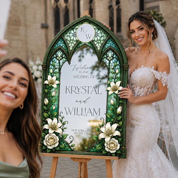 Emerald Green Mirror Wedding Sign, Roses Stained Glass Wedding Welcome Sign, Printed Mirror Acrylic Wedding Entrance Sign