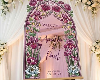 Pink Roses Wedding Welcome Sign, Stained Glass Wedding Sign, Welcome To Wedding Mirror Sign, Printed Wedding Signs