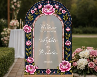 Pink Peony Flower Wedding Sign, Frosted Wedding Welcome Sign, Custom Navy Blue Wedding Entrance Sign