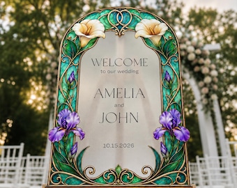 Calla Lily Wedding Sign, Purple Iris Wedding Welcome Sign, Mirror Wedding Entrance Sign, Custom Wedding Signs