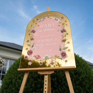 Pink Wildflowers Baby Shower Welcome Sign, Floral In Bloom Theme Gold Acrylic Mirror