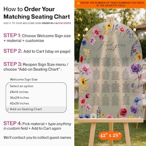 May include: An arched wedding seating chart sign featuring a floral design with pink, purple, yellow, and blue wildflowers. The sign displays the text Find your seat and lists sixteen tables with guest names, mounted on a wooden easel stand.
