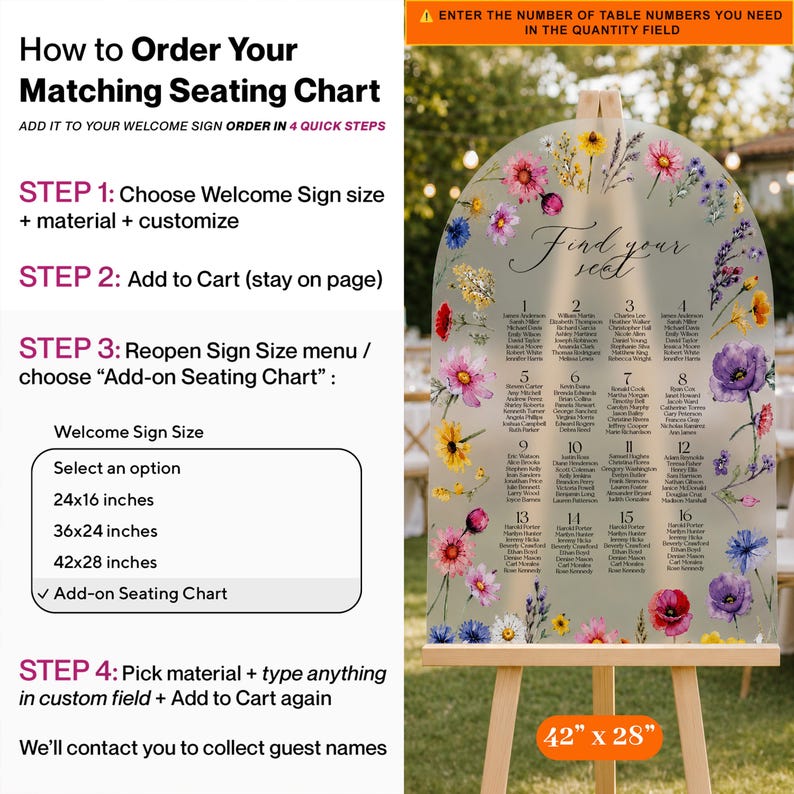 May include: An arched wedding seating chart sign featuring a floral design with pink, purple, yellow, and blue wildflowers. The sign displays the text Find your seat and lists sixteen tables with guest names, mounted on a wooden easel stand.