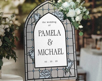 Stained Glass Wedding Sign, Blue Roses Wedding Welcome Sign, Frosted Or Acrylic Wedding Entrance Sign, Floral Wedding Decorations