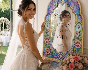 Roses Wedding Sign, Floral Mirror Wedding Welcome Sign,  Stained Glass Wedding Entrance Sign, Printed Wedding