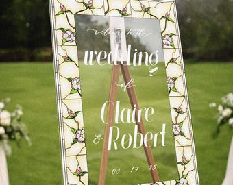 Floral Stained Glass Wedding Welcome Sign, Cream Blossom Decor