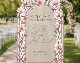 Pink Wedding Welcome Sign, Magnolia Stained Glass Wedding Welcome Sign, Printed Floral Mirror Wedding Entrance Sign