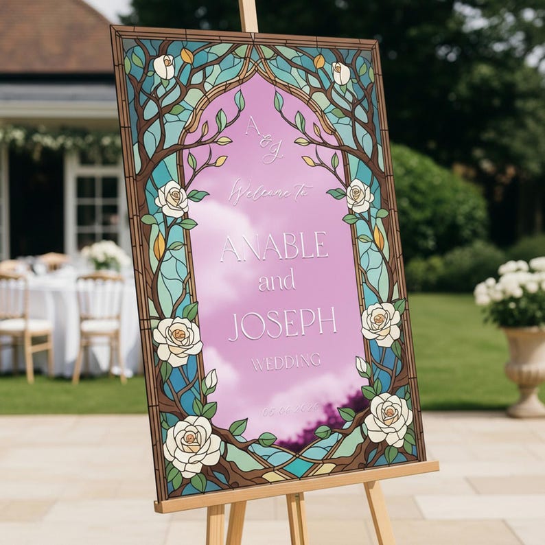 Floral Stained Glass Wedding Sign, Blue Wedding Welcome Signs, Custom ...