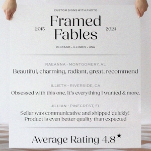 Op de afbeelding: Een wit bord, vastgehouden door handen, met de tekst "Framed Fables" en de jaren 2015 en 2024. Het bevat ook "CHICAGO . ILLINOIS . USA" en klantbeoordelingen, met een gemiddelde beoordeling van 4,8 sterren.