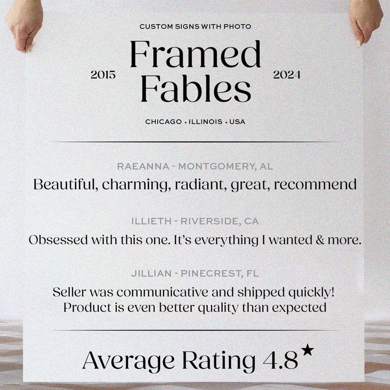 Op de afbeelding: Een wit bord, vastgehouden door handen, met de tekst "Framed Fables" en de jaren 2015 en 2024. Het bevat ook "CHICAGO . ILLINOIS . USA" en klantbeoordelingen, met een gemiddelde beoordeling van 4,8 sterren.
