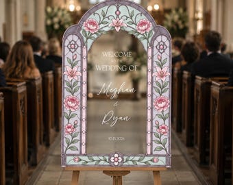 Pink Peony Flower Wedding Sign, Floral Stained Glass Wedding Welcome Sign, Printed Silver Mirror Wedding Entrance Sign
