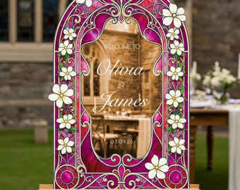 Pink Stained Glass Floral Wedding Sign, Cream Flowers Wedding Welcome Sign, Printed Mirror Acrylic Wedding Entrance Sign
