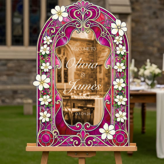 Pink Stained Glass Floral Wedding Sign, Cream Flowers Wedding Welcome Sign, Printed Mirror Acrylic Wedding Entrance Sign