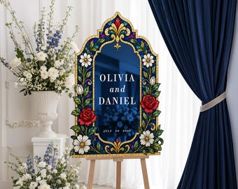Navy Blue Floral Wedding Welcome Sign, Roses Blue And Gold Stained Glass Wedding  Sign, Printed Mirror Wedding Entrance Sign