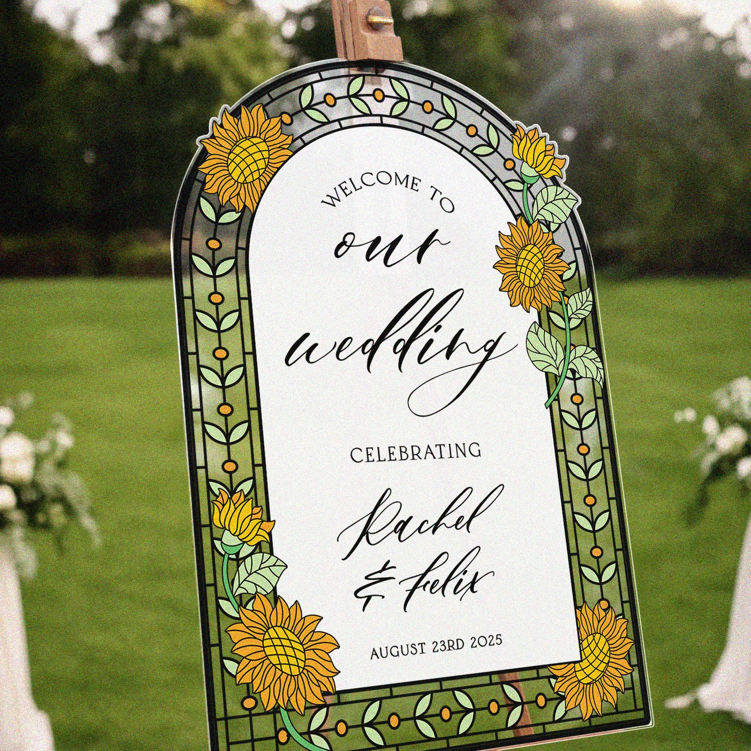 Sunflower Wedding Sign, Stained Glass Style Welcome Sign, Frosted Acrylic Floral Entrance Sign, Sunflower Wedding Decor