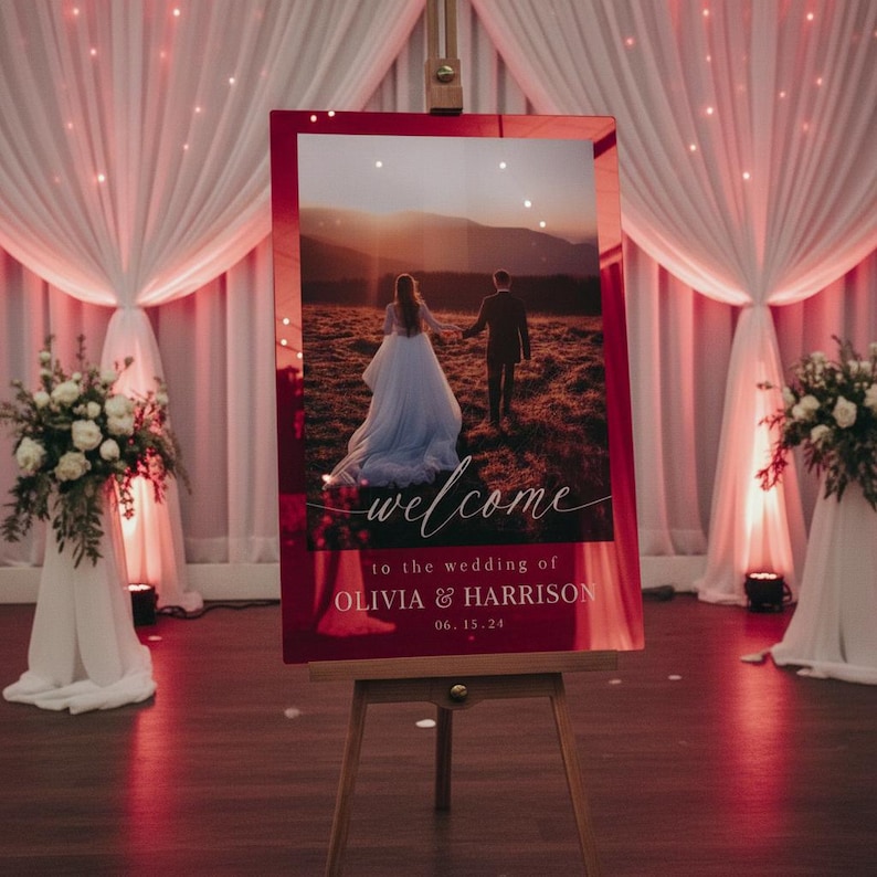 Photo Wedding Welcome Sign, Custom Acrylic Wedding Decor Red Acrylic Mirror