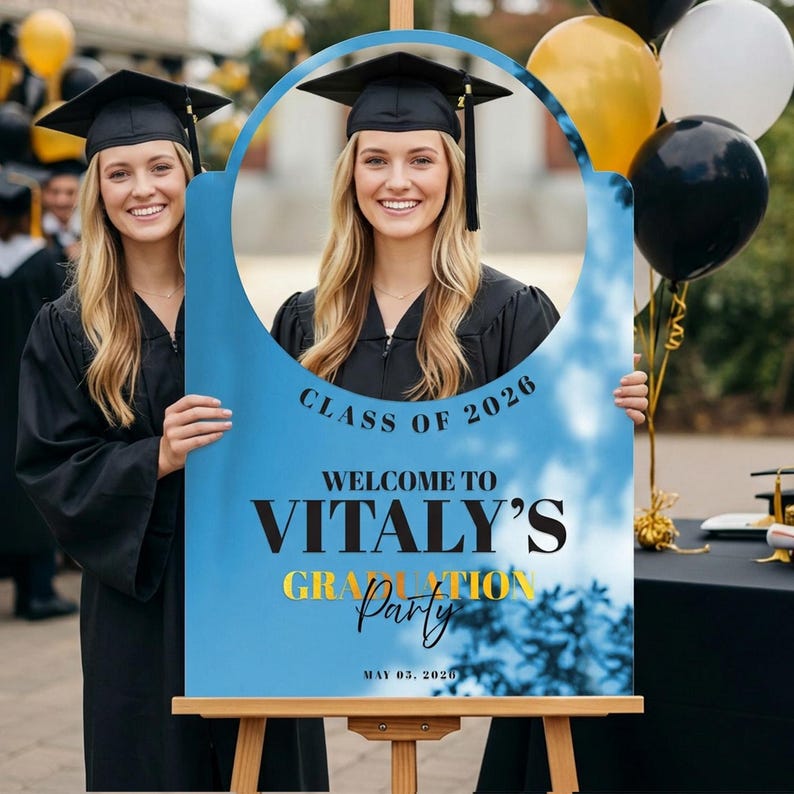 Printed Photo Graduation Sign, Graduation Party Sign, Custom Graduation Picture Sign, Acrylic Graduation Party Favors Blue Acrylic Mirror