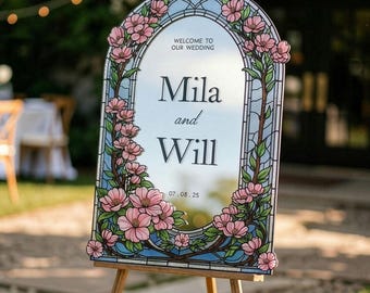 Floral Wedding Welcome Sign, Pink Flowers Stained Glass Wedding Signs, Mirror Wedding Signs, Printed Wedding Signage