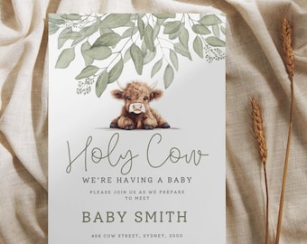 Invitación para baby shower de vaca con temática de granja, plantilla editable de Canva (descarga digital)