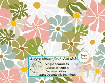 May include: A seamless floral pattern in soft shades of pink, white, green, and yellow. The design features stylized flowers and leaves. The image includes the text: "Modern abstract floral- Soft shade Single seamless 10x10inch/300dpi Commercial Use Instant Download/Seamless".