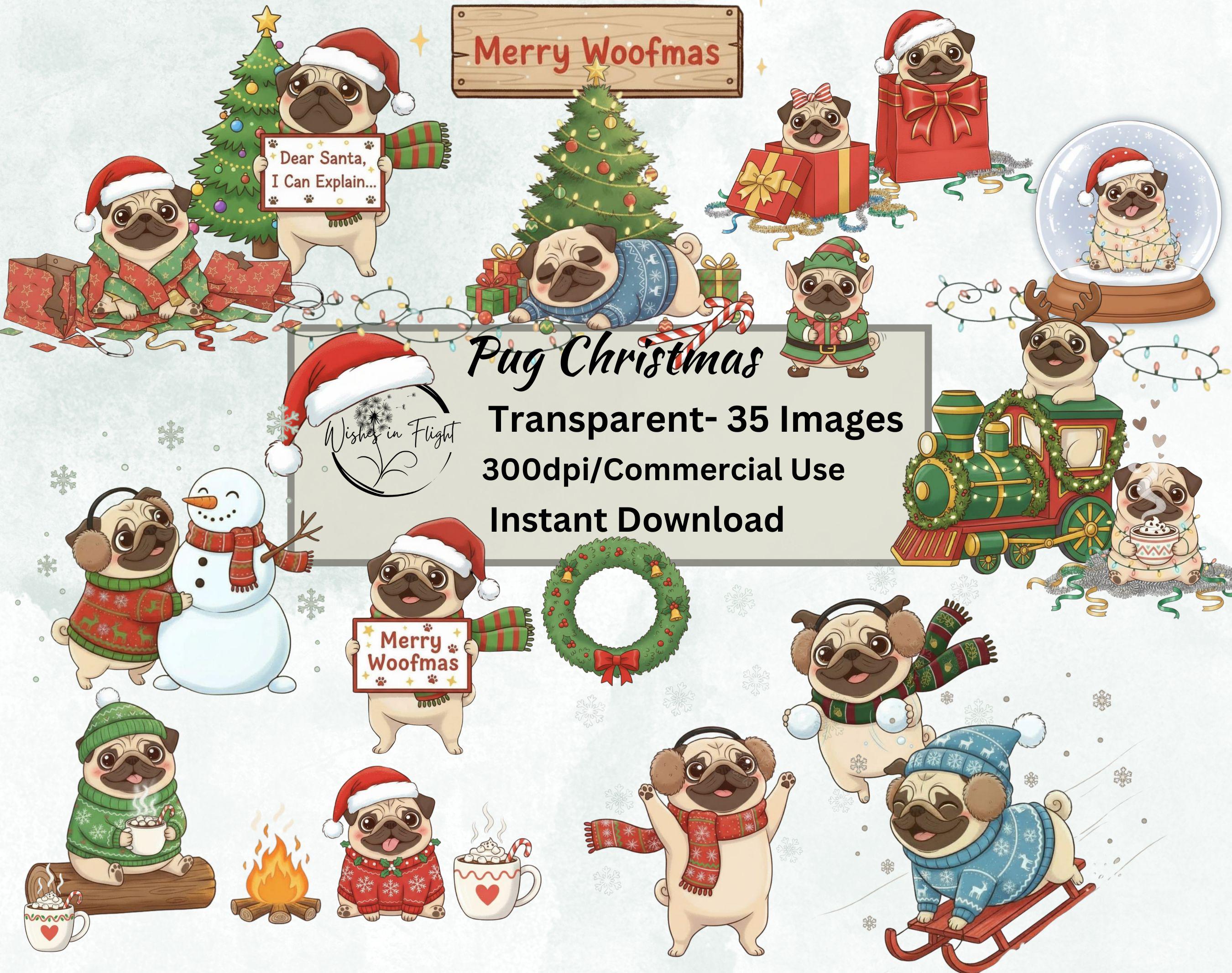 Christmas Pug Clipart Bundle, 35 PNG Images, Holiday Dog Illustrations ...