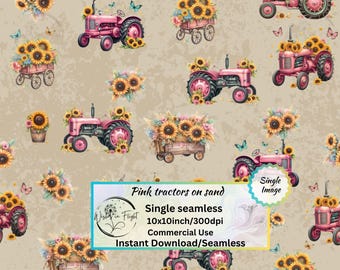 Pink farm Tractors & sunflowers on Sand Seamless design, Farm Girl, Tractors  for Fabric Printing Wallpaper Scrapbook Paper Crafts