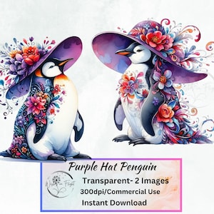 Imágenes de pingüinos con sombrero morado, imágenes prediseñadas transparentes, álbumes de recortes, amantes de los animales, imágenes prediseñadas de pingüinos lindos, arte de pared, imágenes prediseñadas individuales, arte PNG