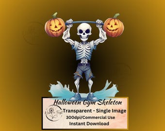 Halloween Skeleton Weightlifter Clipart: Gym Pumpkin PNG (Digital Download