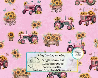 Pink farm Tractors & sunflowers on pink Gingham Seamless design, Farm Girl, Tractors  for Fabric Printing Wallpaper Scrapbook Paper Crafts