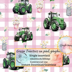 Trattori verdi rosa a quadretti, design senza cuciture, ragazza contadina, trattori per lei, ideale per la stampa su tessuto, scrapbooking, artigianato su carta, uso commerciale