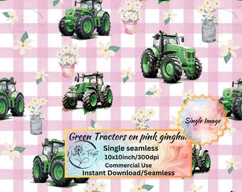 Green farm Tractors pink Gingham Seamless design, Farm Girl, Tractors for Her,Great for Fabric Printing  Scrapbook Paper Crafts Commercial