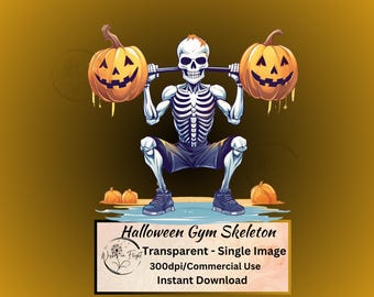 Funny Halloween Skeleton Weightlifter Clipart: Gym Pumpkin PNG (Digital Download