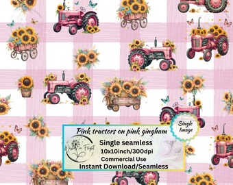 Pink farm Tractors & sunflowers on pink Gingham Seamless design, Farm Girl, Tractors  for Fabric Printing Wallpaper Scrapbook Paper Crafts