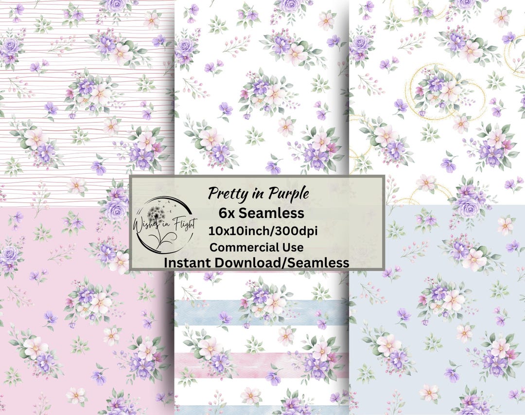 Purple Floral Seamless Pattern Bundle, Cottagecore Flower Digital Paper ...