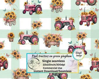 Pink farm Tractors & sunflowers on green Gingham Seamless design, Farm Girl, Tractors  for Fabric Printing Wallpaper Scrapbook Paper Crafts