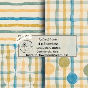 May include: A digital graphic featuring four distinct seamless patterns with hand-drawn stripes and plaid designs in shades of blue, yellow, and green on a cream background. Text includes Hand Drawn, Retro Mania, 4 x Seamless, 10x10inch/300dpi, Commercial Use, and Instant Download/Seamless.